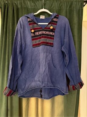VINTAGE Men's Blue Hooded Pullover with Striped V-Panel